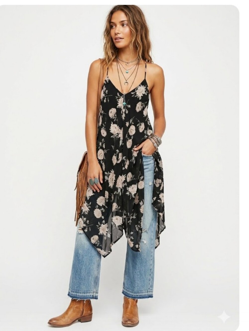 Forever 21 Black and Beige Floral Dress with Spaghetti Straps